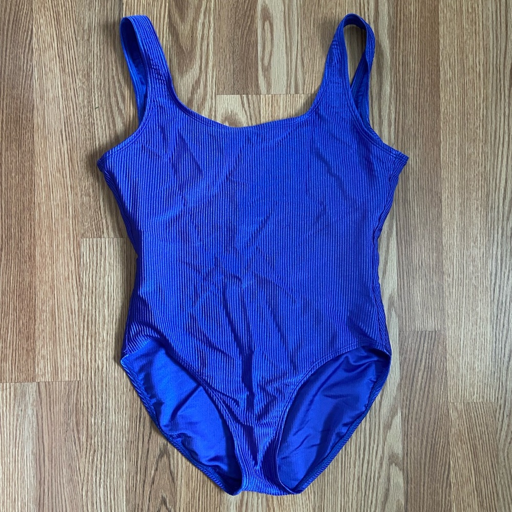 Vintage Cobalt Blue One-Piece Swimsuit (XL) with Striped Ribbed Fabric
